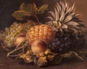 约翰劳伦茨延森 - Grapes a Pineapple Peaches and Hazelnuts In A Basket